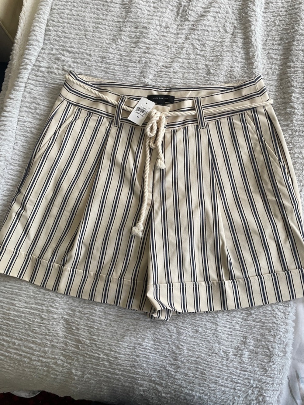 Ann Taylor Cream Shorts with Navy Pinstripes and Rope Tie